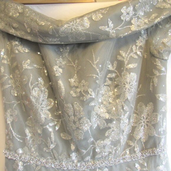 Jade Couture Silver Lace on Gray Midi Length Off the Shoulder Flowing Dress - Picture 4 of 15